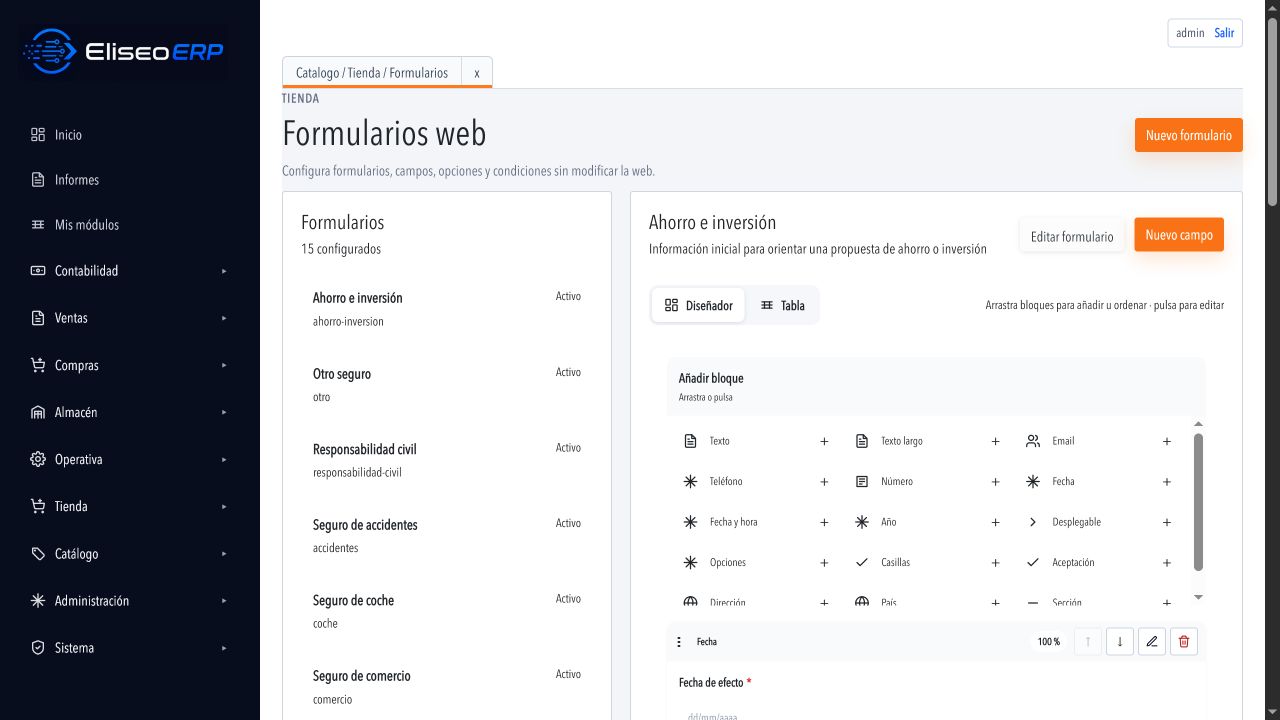 Diseñador real de formularios web en EliseoGo