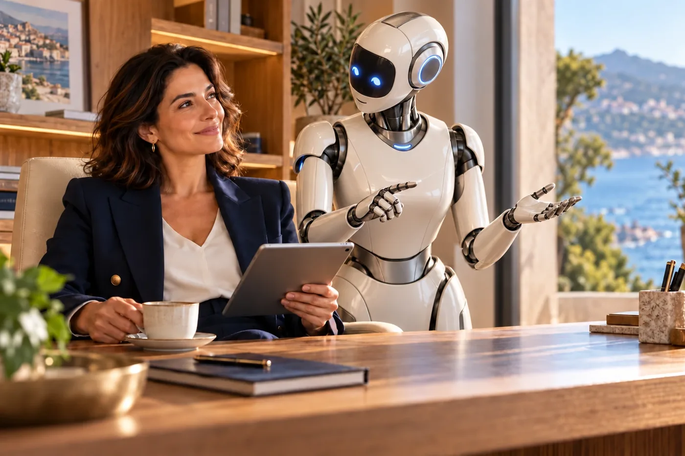 Una empresaria y un robot colaboran en una oficina cálida y luminosa