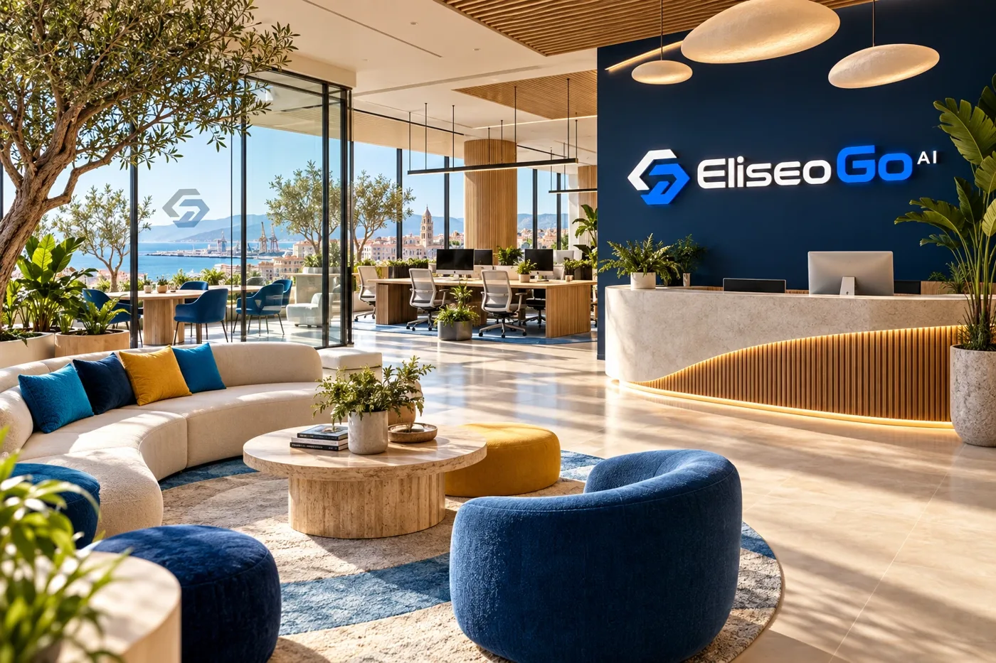 Concepto de oficinas EliseoGo AI: recepción luminosa, logotipo de la marca, madera, plantas y espacios creativos